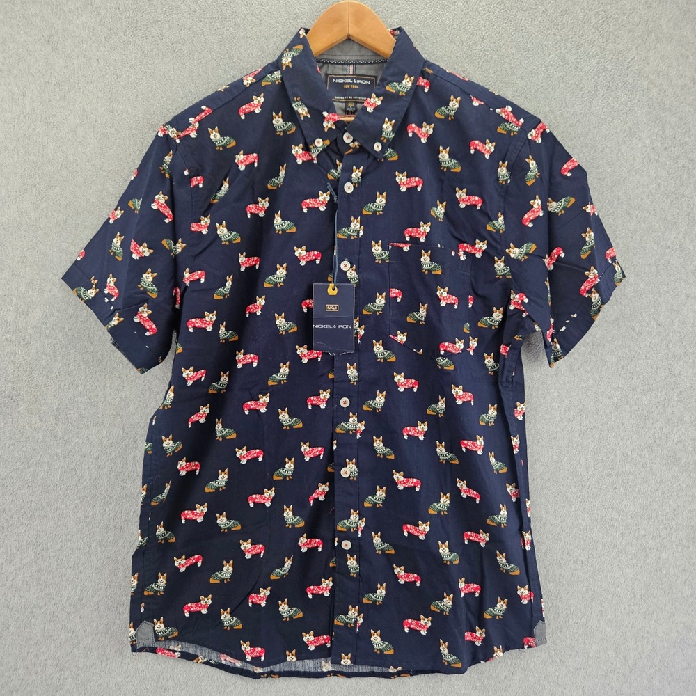 NICKEL & IRON Button Down Mens L Navy Corgi Christmas Holiday Novelty Shirt